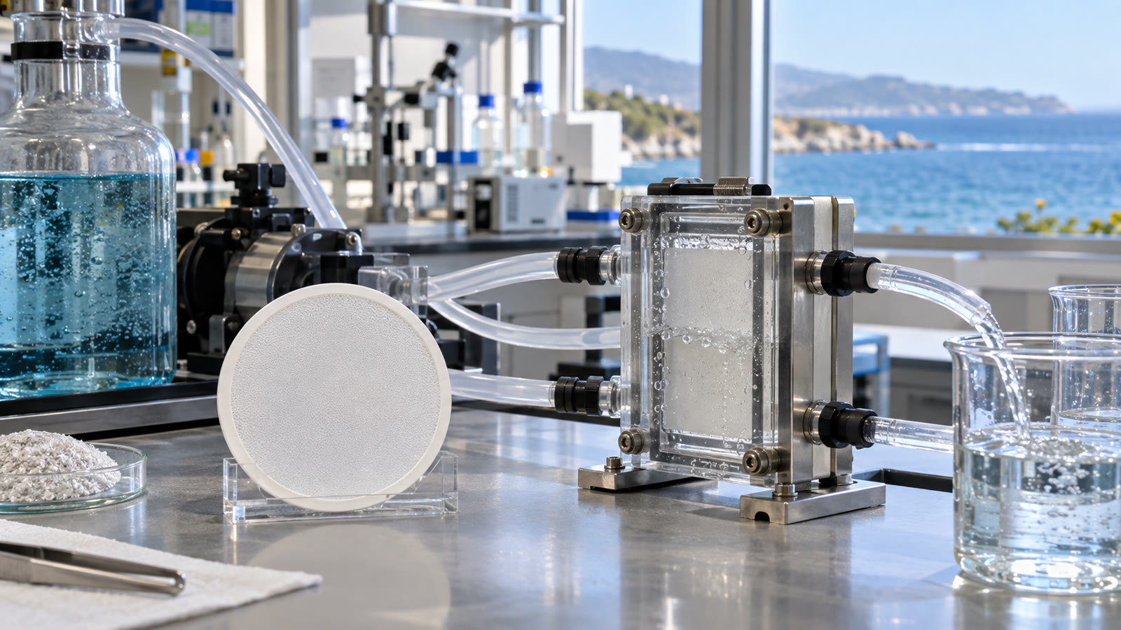 Bench-scale membrane filtration equipment representing sustainable desalination research.